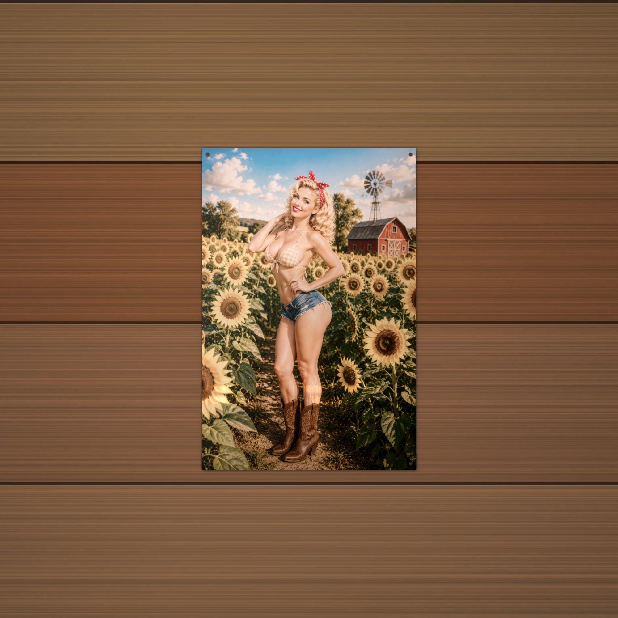 Sunflower Farm Girl Aluminum Sign — lifestyle setting
