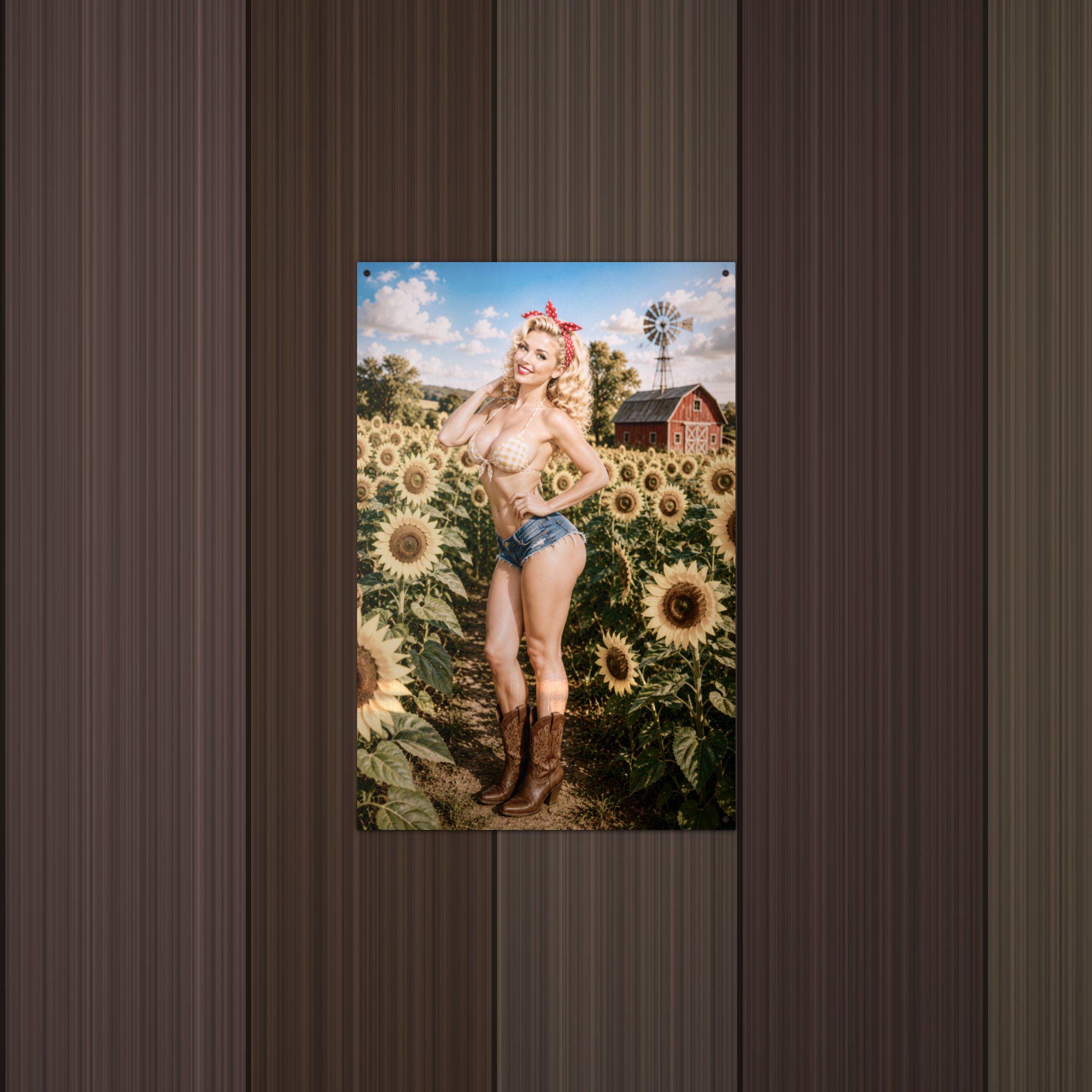 Sunflower Farm Girl Aluminum Sign — detail view