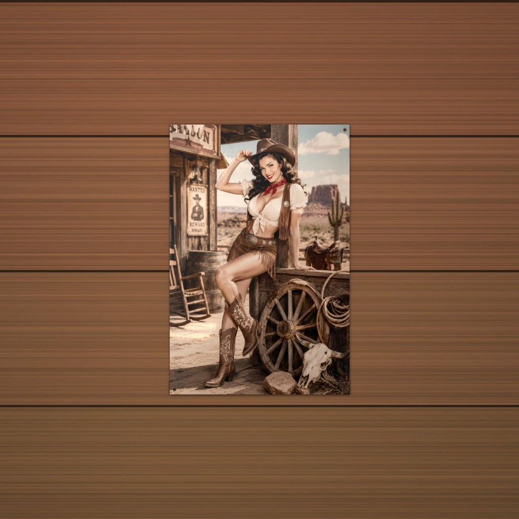 Saloon Cowgirl Aluminum Sign — lifestyle setting