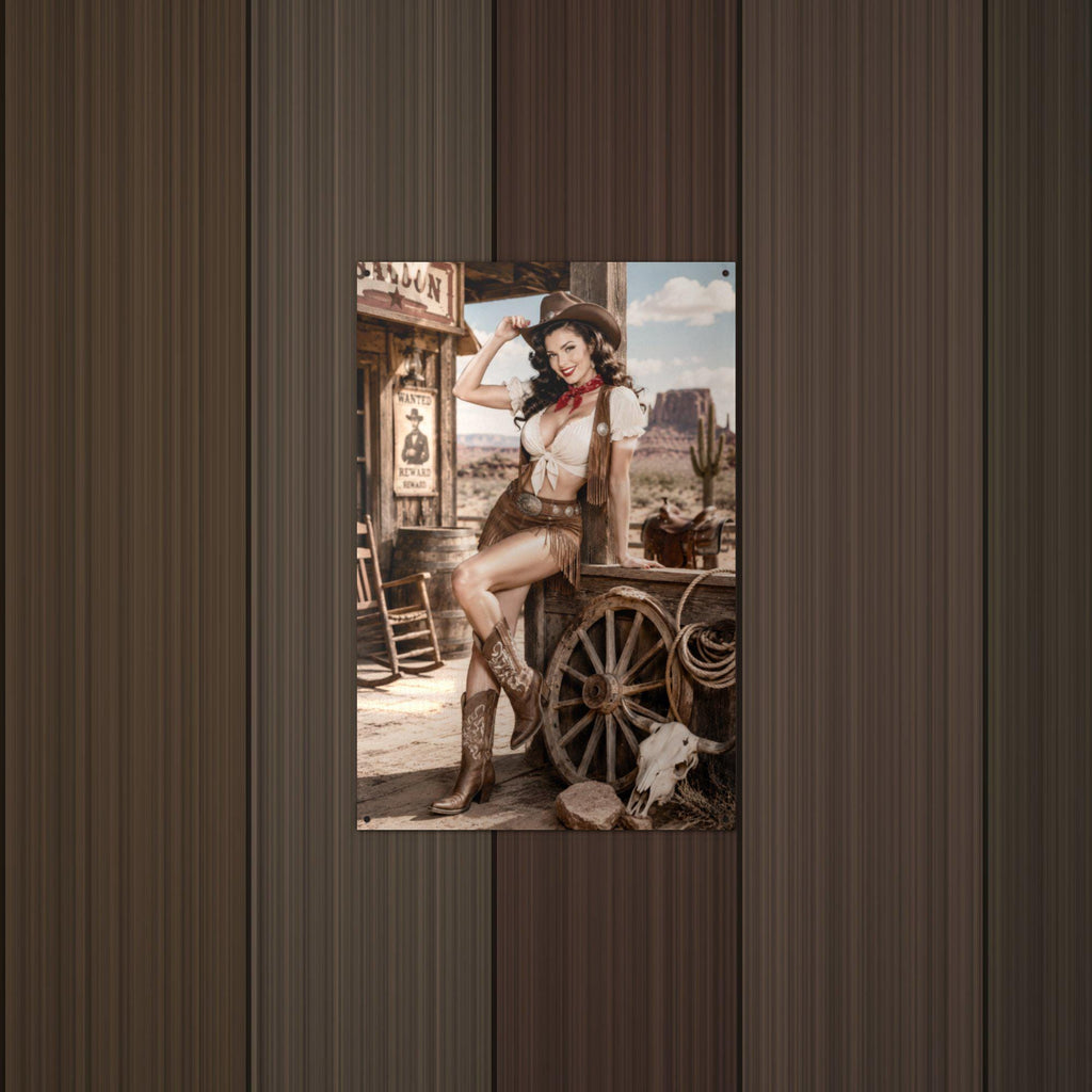 Saloon Cowgirl Aluminum Sign — detail view