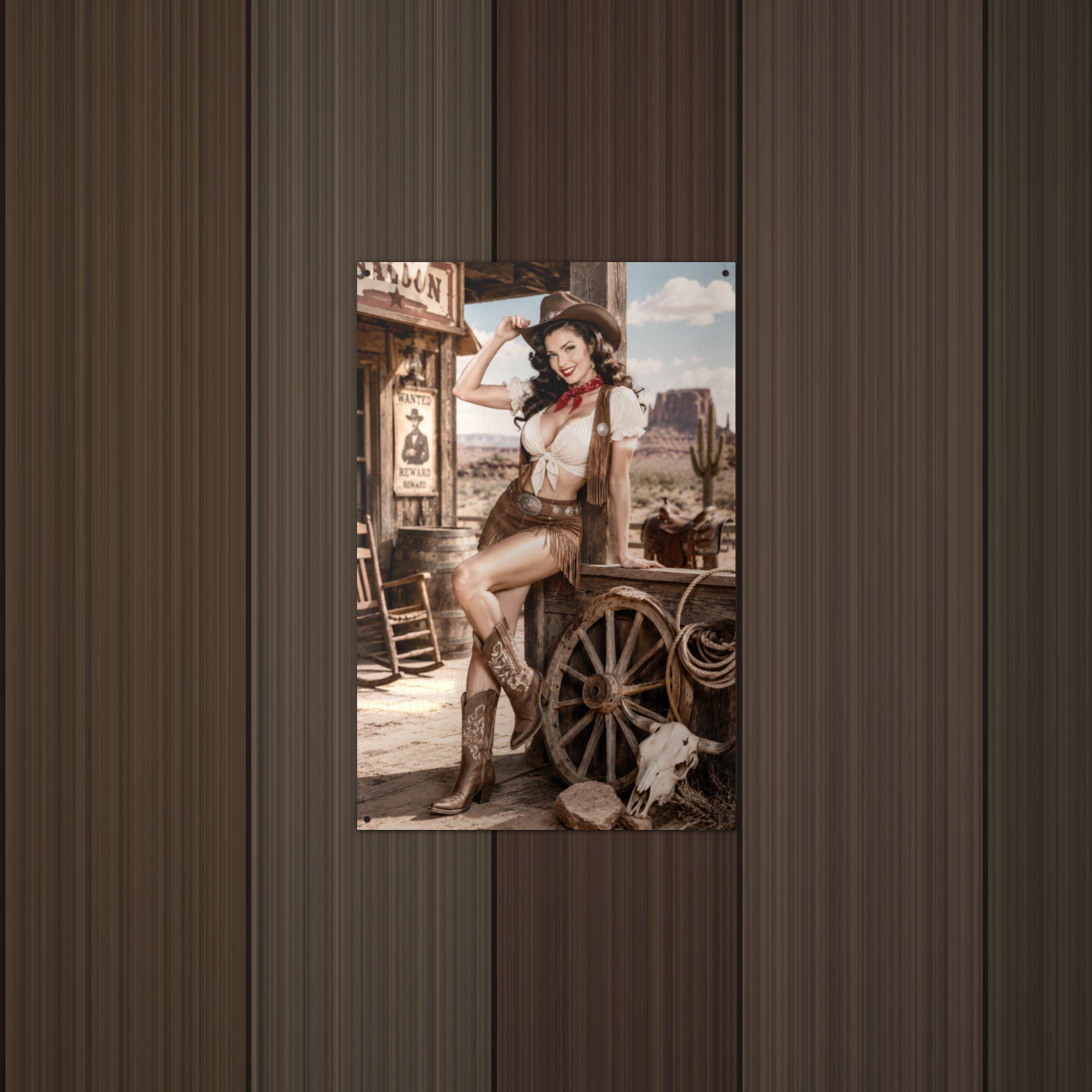 Saloon Cowgirl Aluminum Sign — detail view