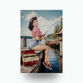 Fishing Dock Girl Aluminum Sign — front view on white background