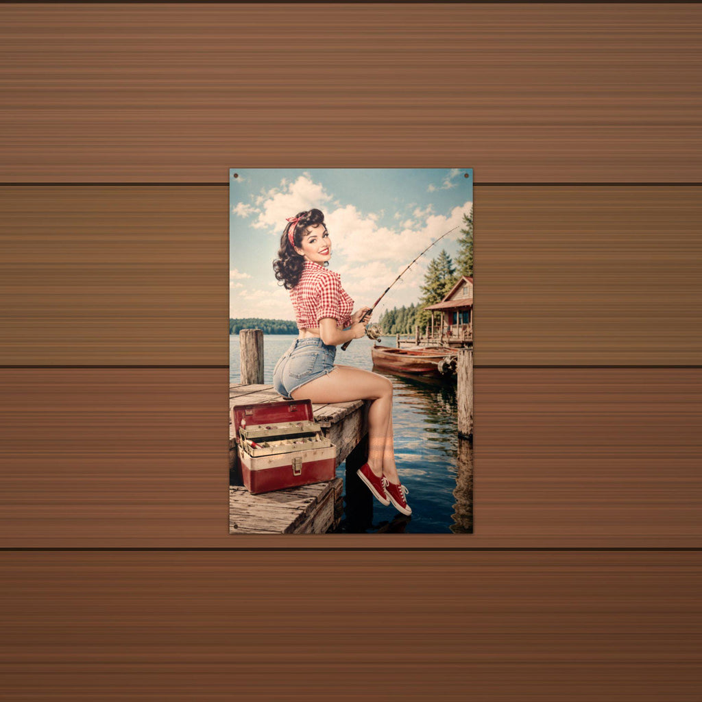 Fishing Dock Girl Aluminum Sign — lifestyle setting
