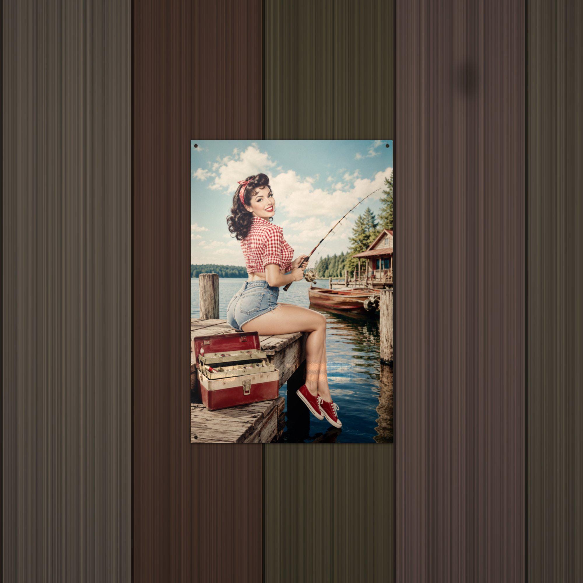 Fishing Dock Girl Aluminum Sign — detail view