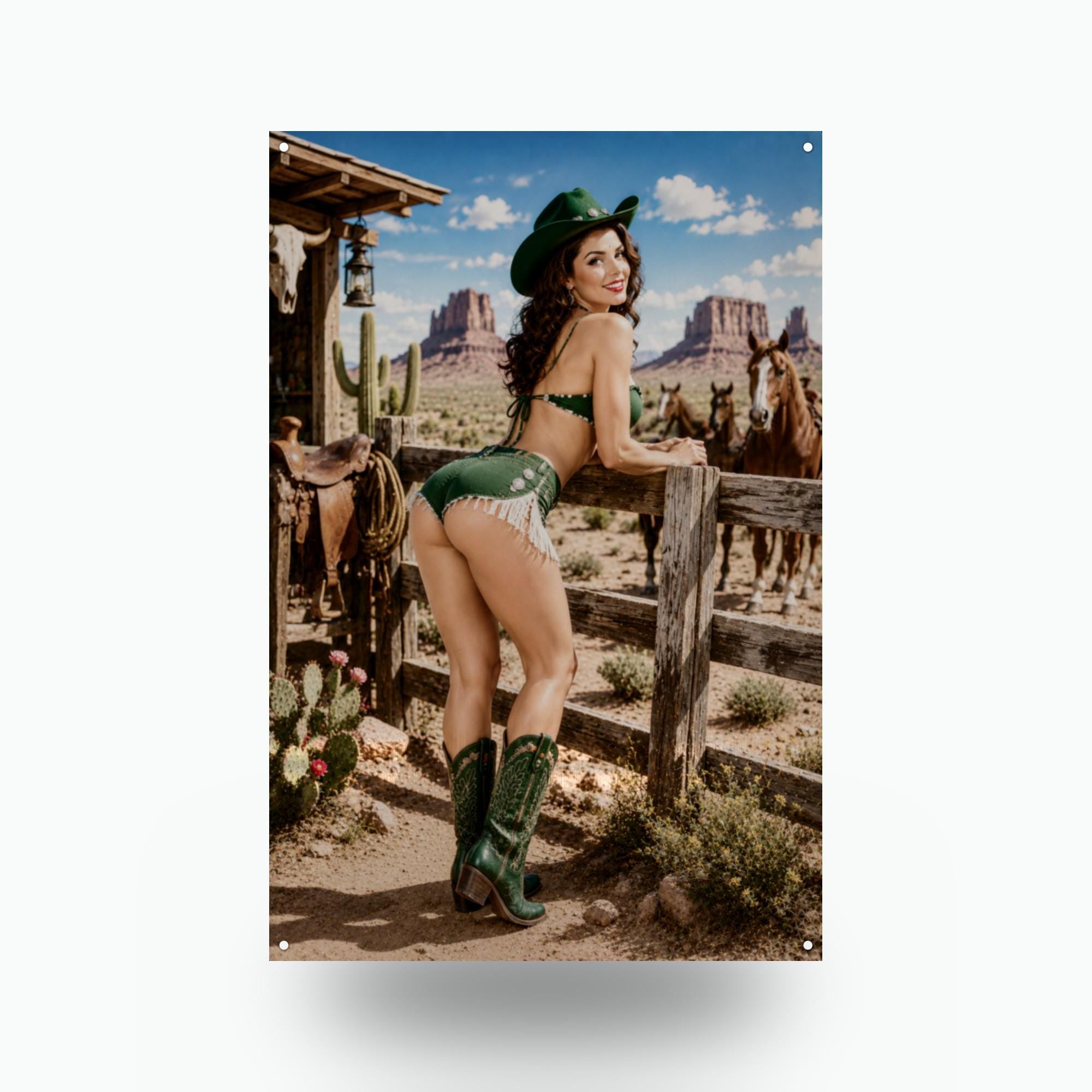 Green Boots Cowgirl Aluminum Sign — front view on white background