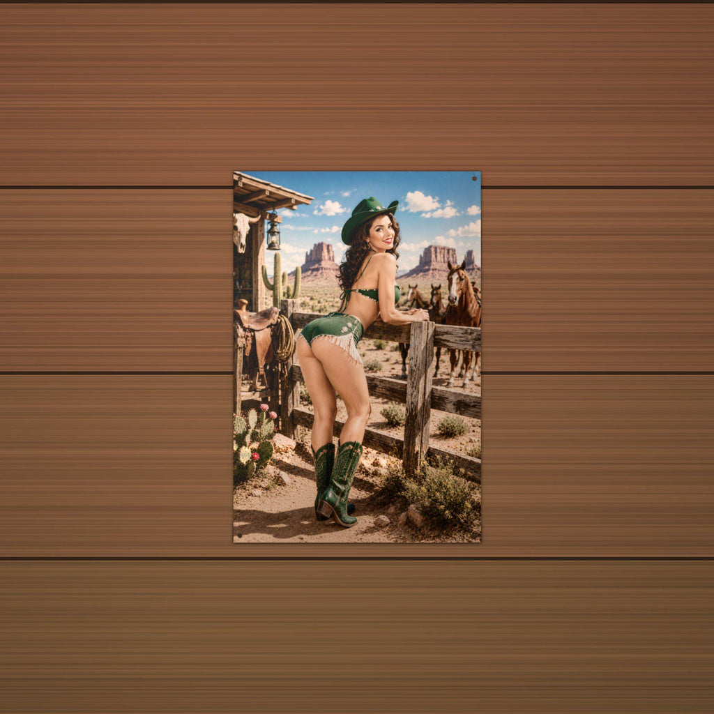 Green Boots Cowgirl Aluminum Sign — lifestyle setting