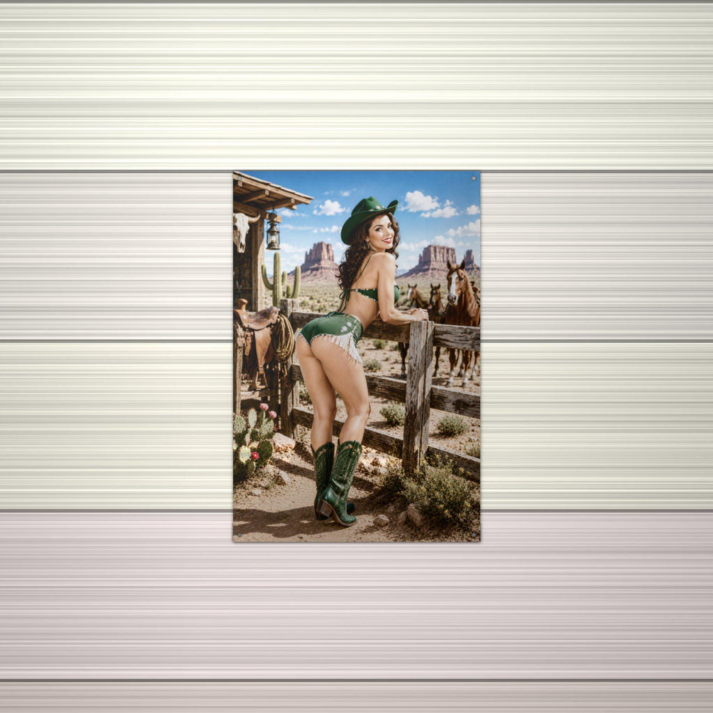 Green Boots Cowgirl Aluminum Sign — alternate angle