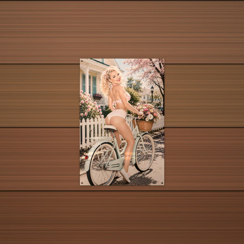 Picket Fence Bicycle Aluminum Sign — lifestyle setting