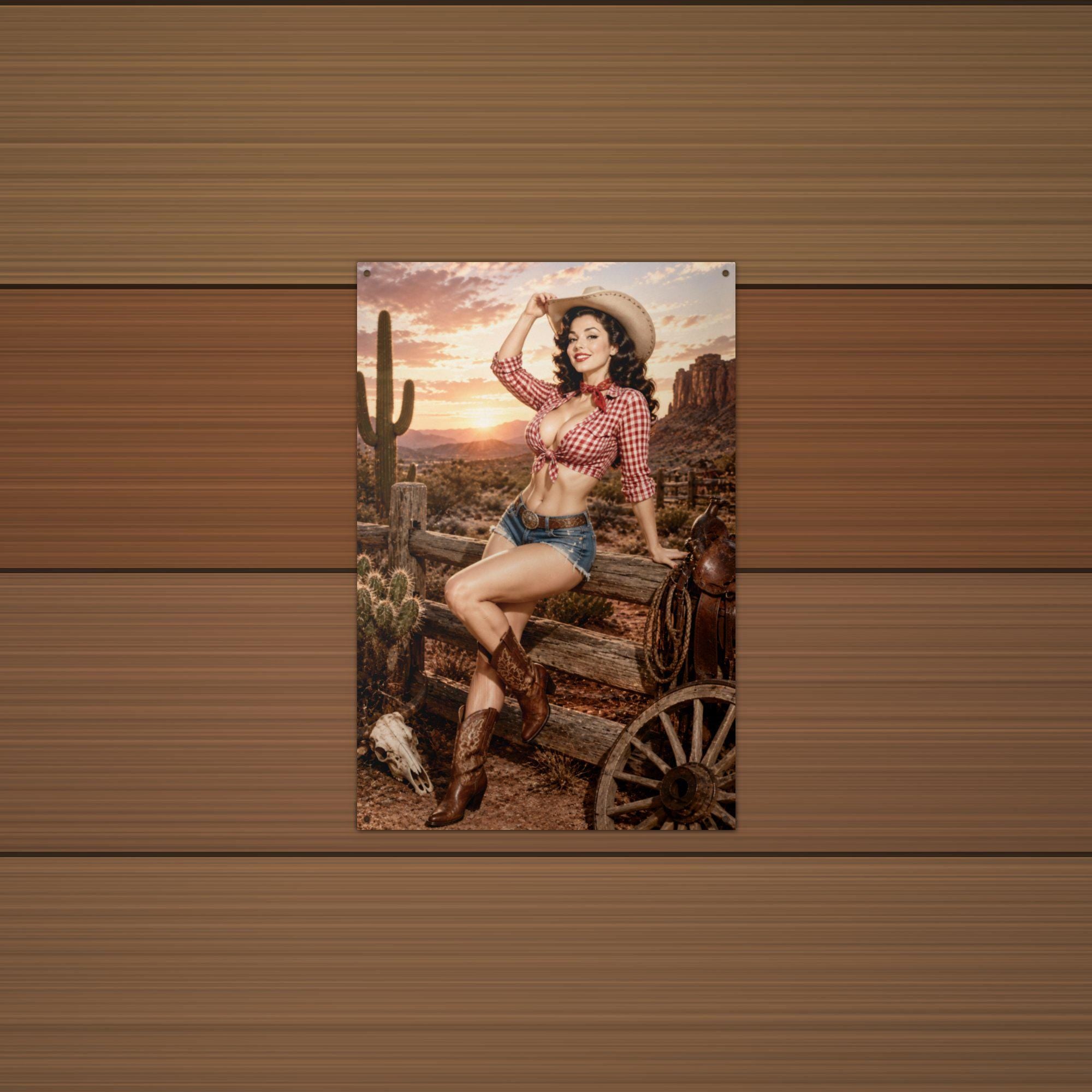 Desert Cactus Cowgirl Aluminum Sign — lifestyle setting