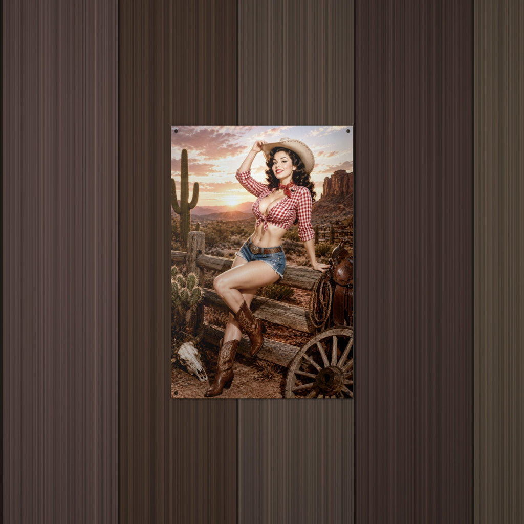 Desert Cactus Cowgirl Aluminum Sign — detail view