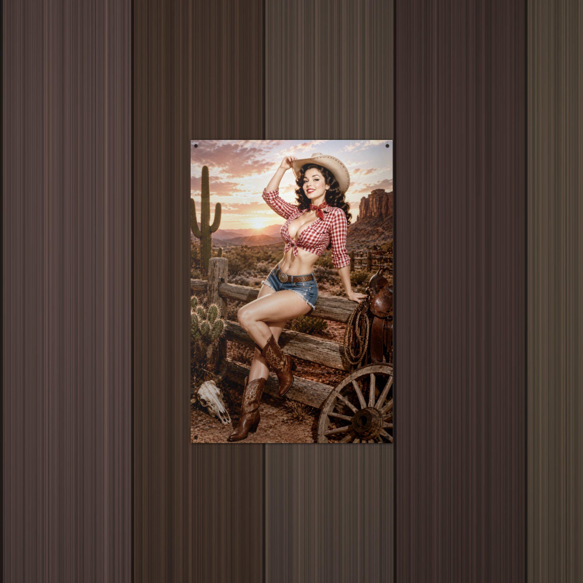 Desert Cactus Cowgirl Aluminum Sign — detail view