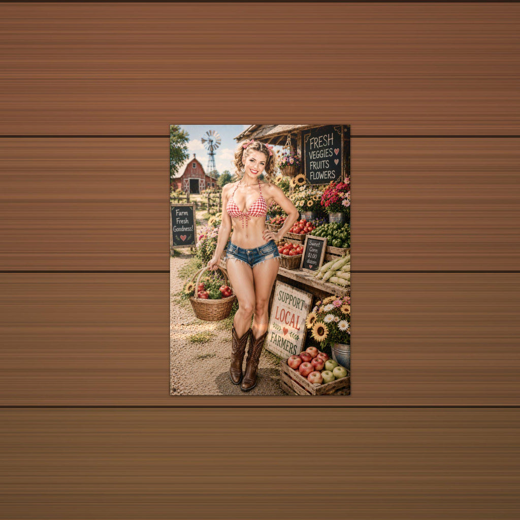 Farm Stand Girl Aluminum Sign — lifestyle setting