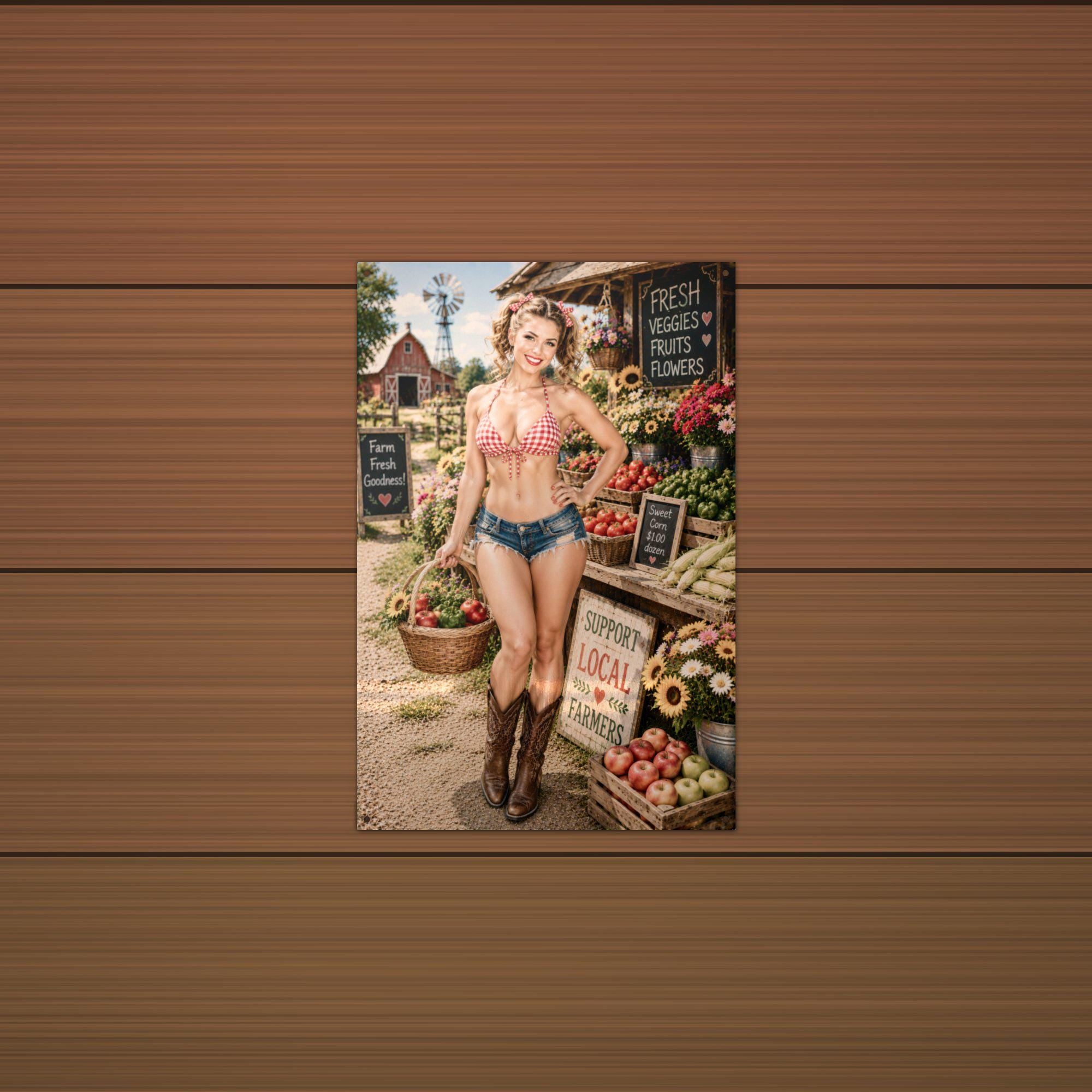 Farm Stand Girl Aluminum Sign — lifestyle setting