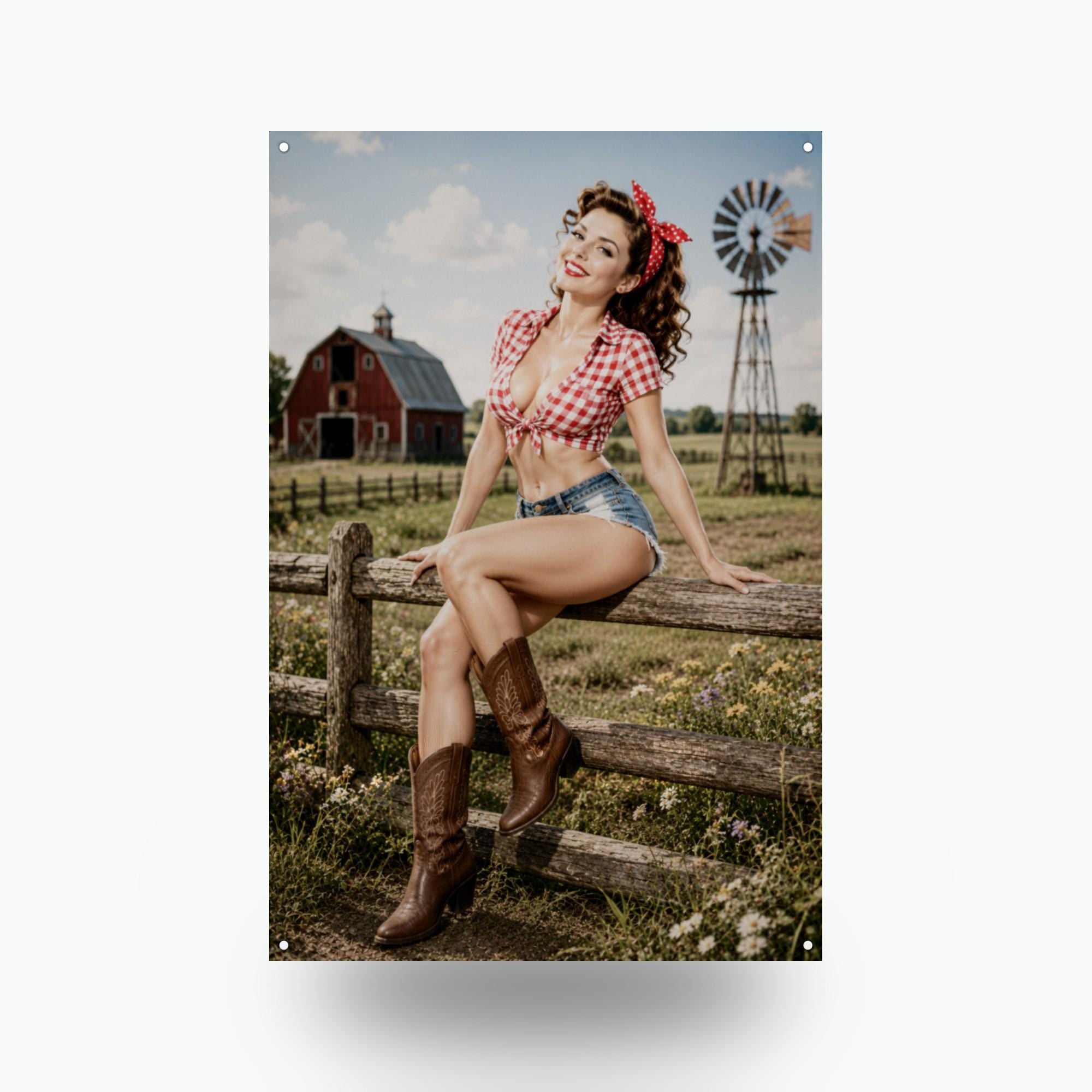 Gingham Fence Girl Aluminum Sign — front view on white background