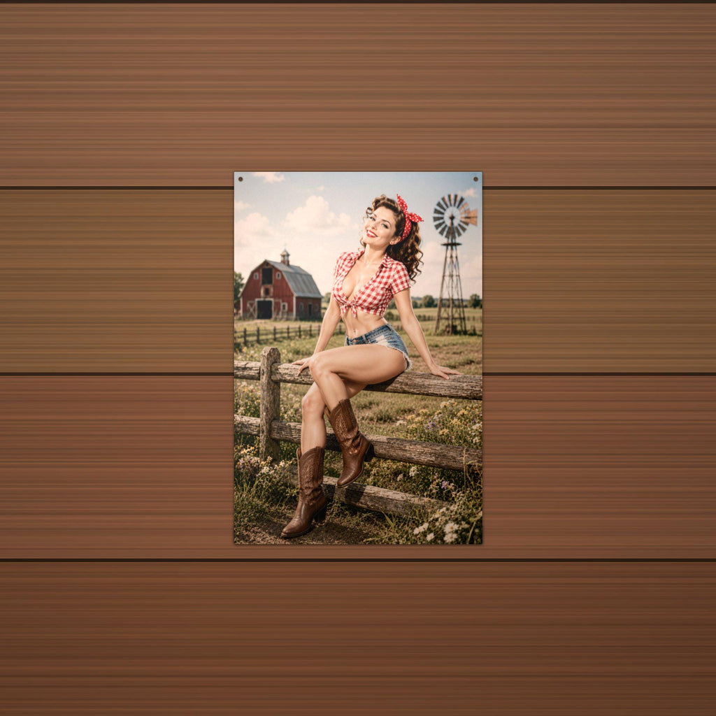 Gingham Fence Girl Aluminum Sign — lifestyle setting