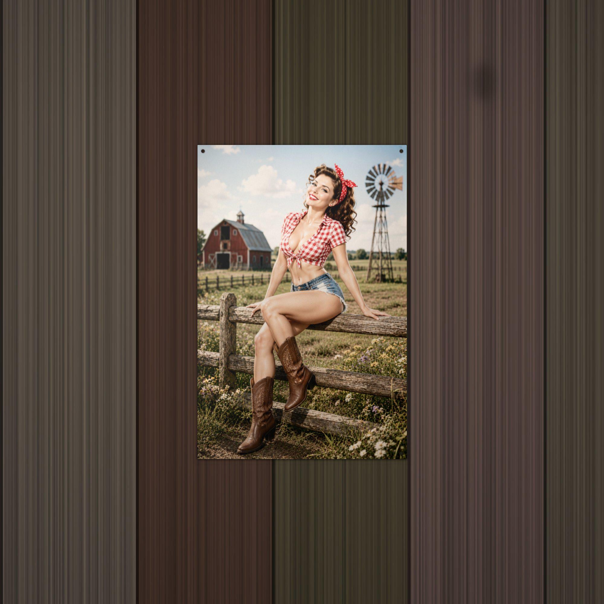 Gingham Fence Girl Aluminum Sign — detail view