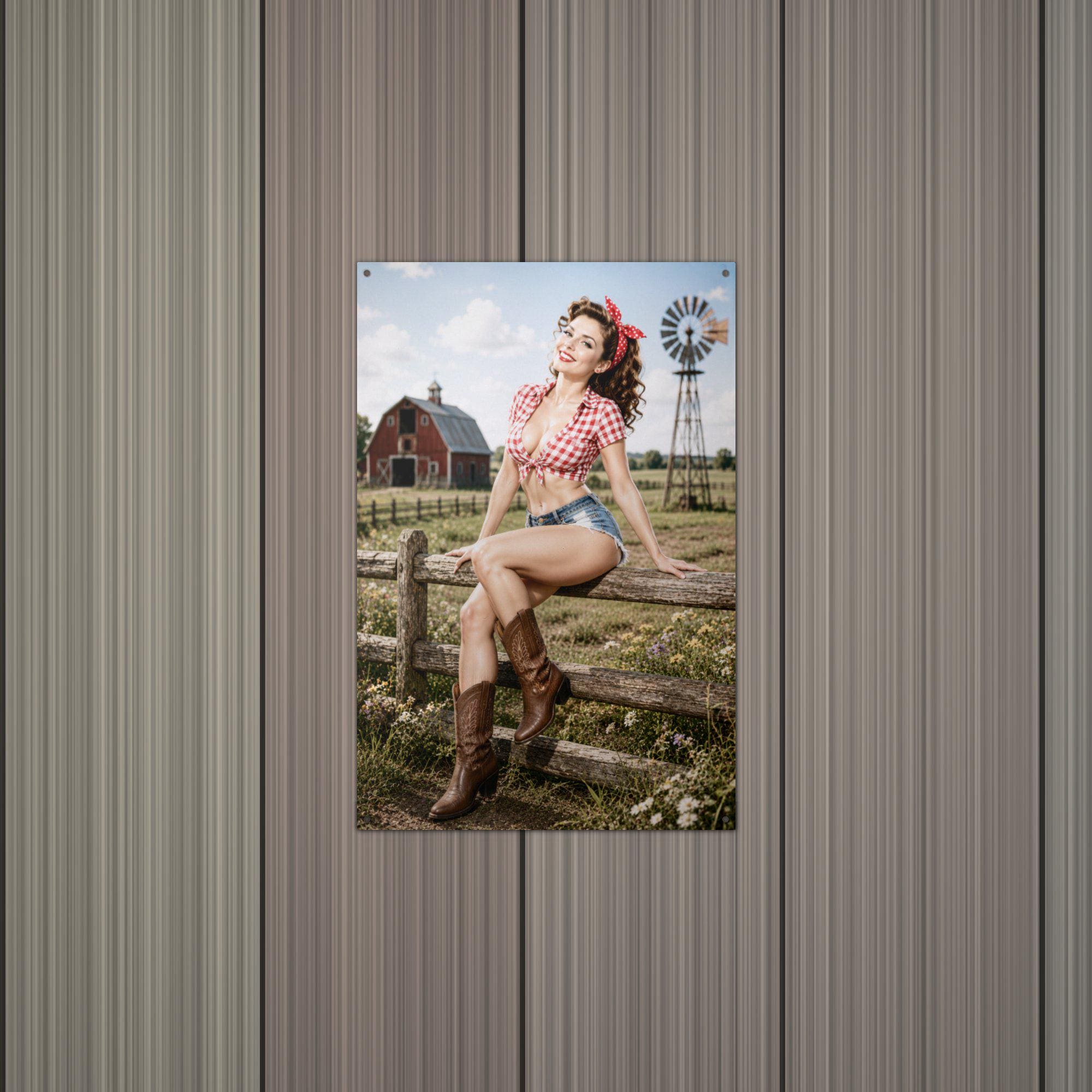 Gingham Fence Girl Aluminum Sign — alternate angle