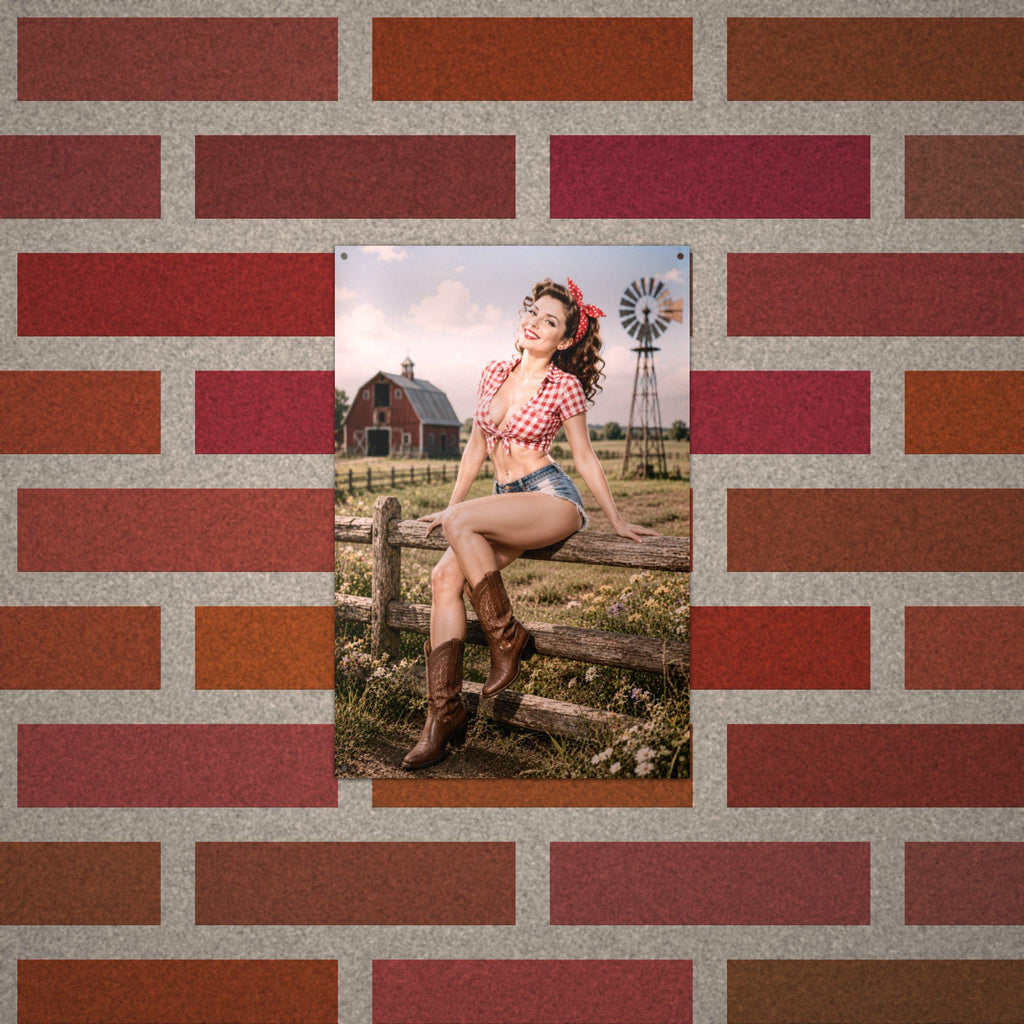 Gingham Fence Girl Aluminum Sign — alternate angle