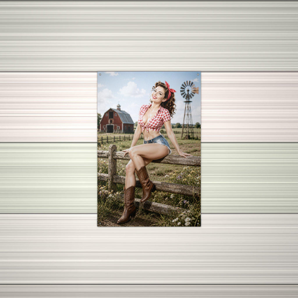 Gingham Fence Girl Aluminum Sign — alternate angle