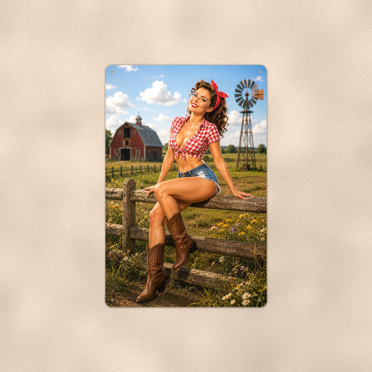 Gingham Fence Girl on a sublimated 8 x 12 in aluminum sign, shown whole against a plain wall — wall decor, handmade gift.