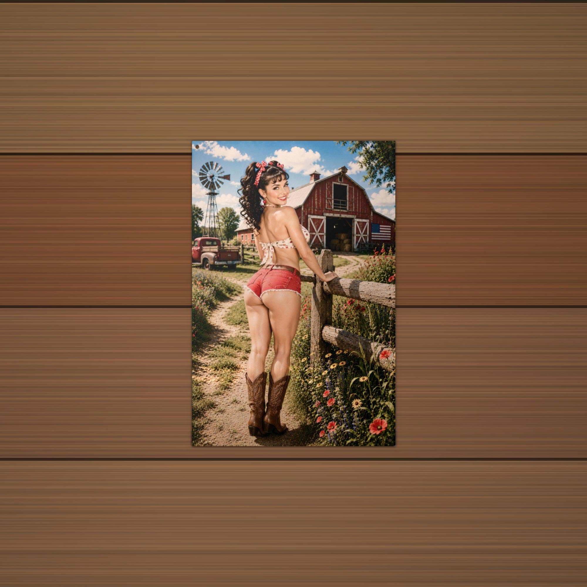 Windmill Fence Girl Aluminum Sign — lifestyle setting