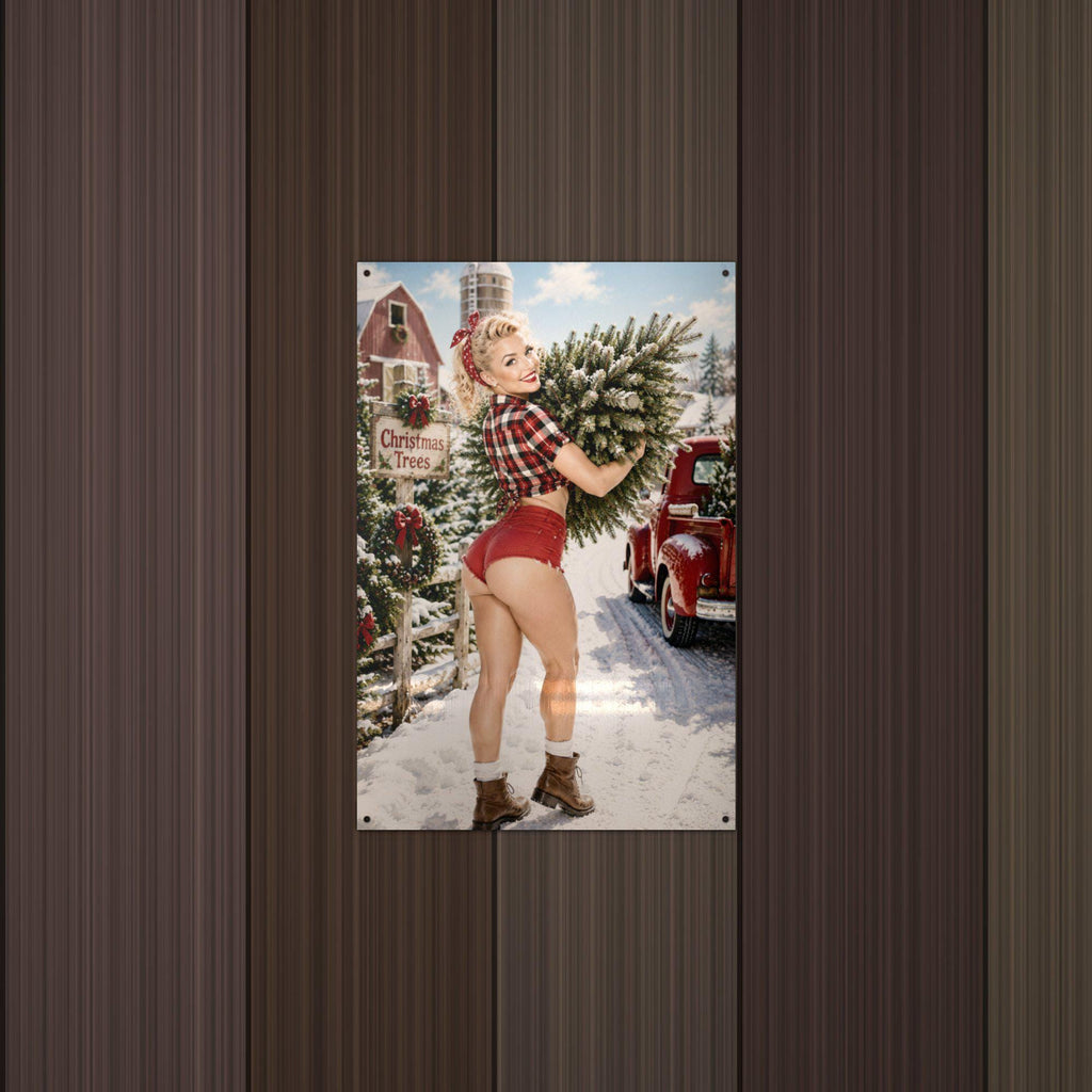Christmas Tree Farm Girl Aluminum Sign — lifestyle setting