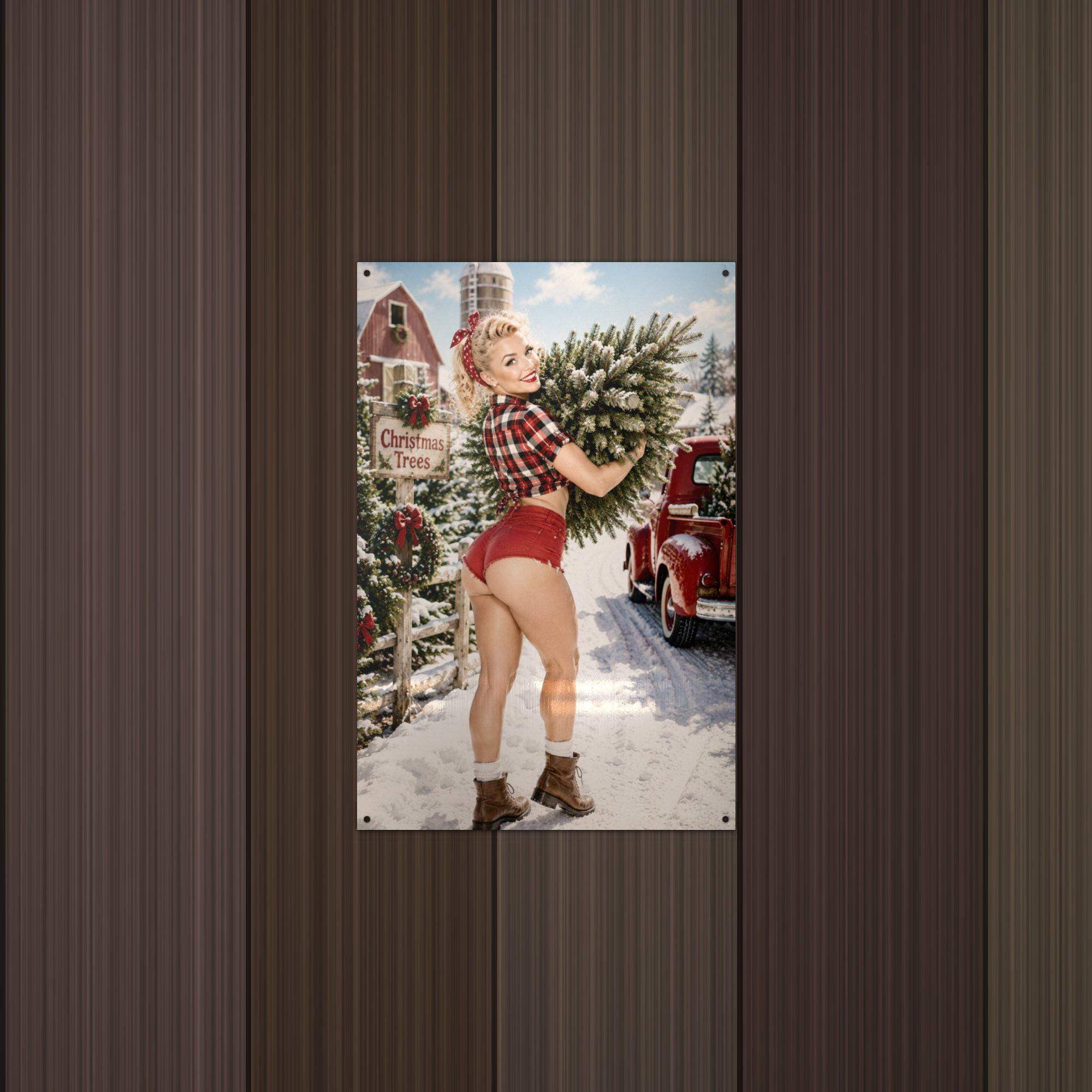 Christmas Tree Farm Girl Aluminum Sign — lifestyle setting