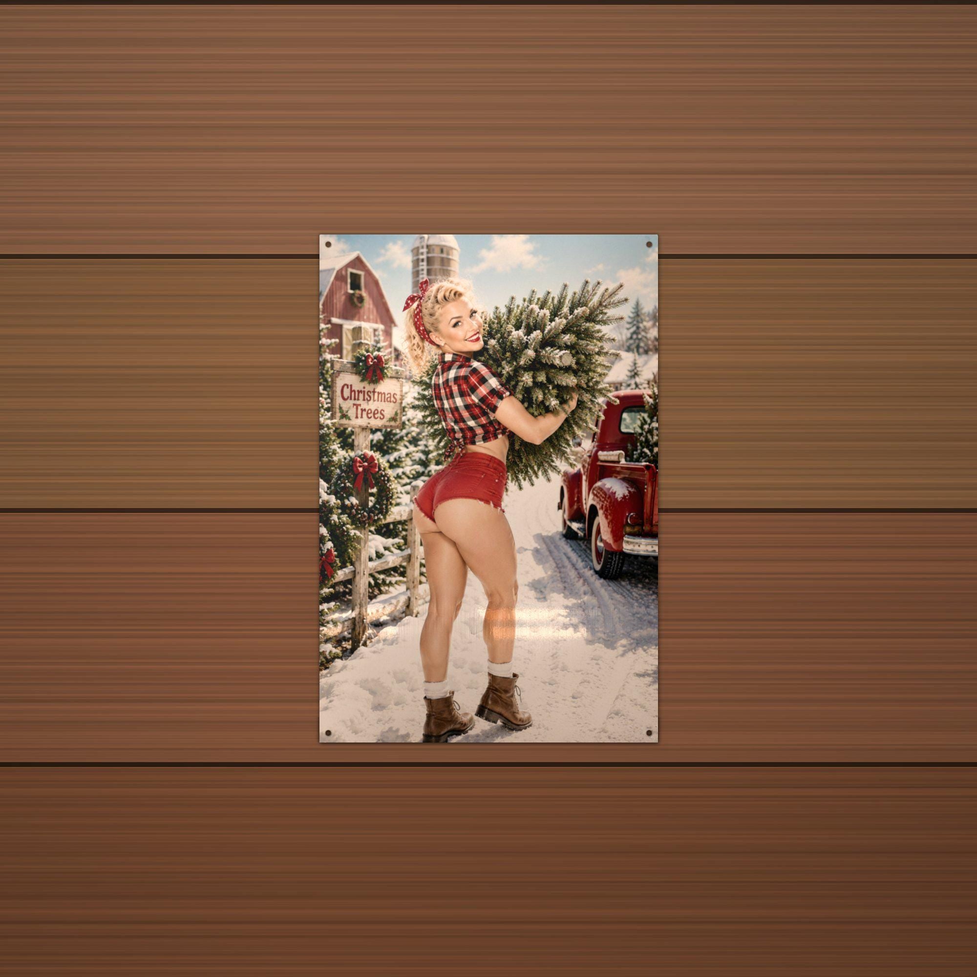 Christmas Tree Farm Girl Aluminum Sign — detail view