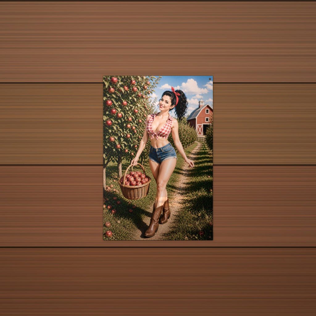 Apple Orchard Girl Aluminum Sign — lifestyle setting