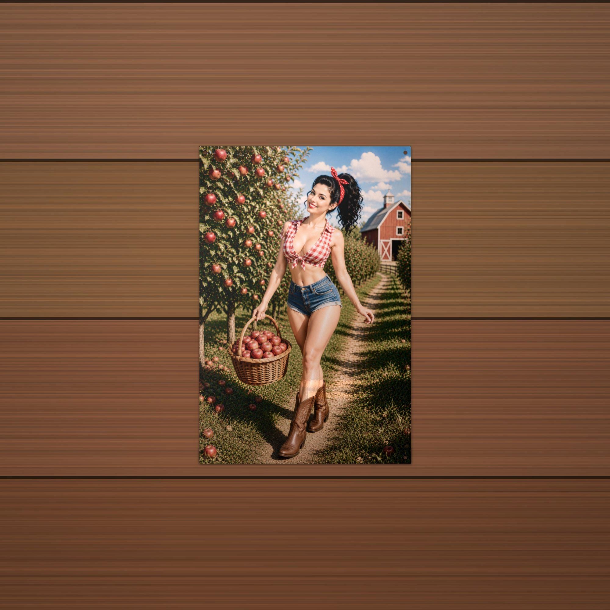 Apple Orchard Girl Aluminum Sign — lifestyle setting