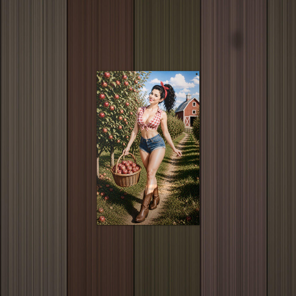 Apple Orchard Girl Aluminum Sign — detail view