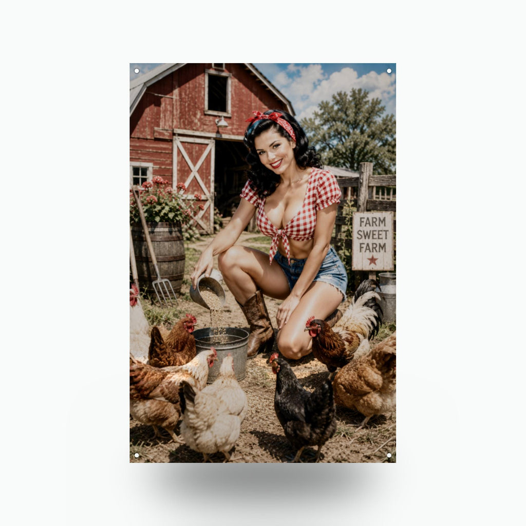Barnyard Chickens Girl Aluminum Sign — front view on white background