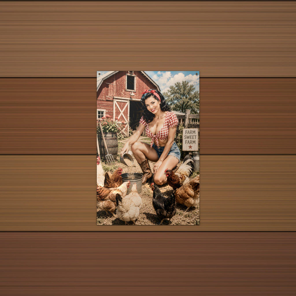 Barnyard Chickens Girl Aluminum Sign — lifestyle setting