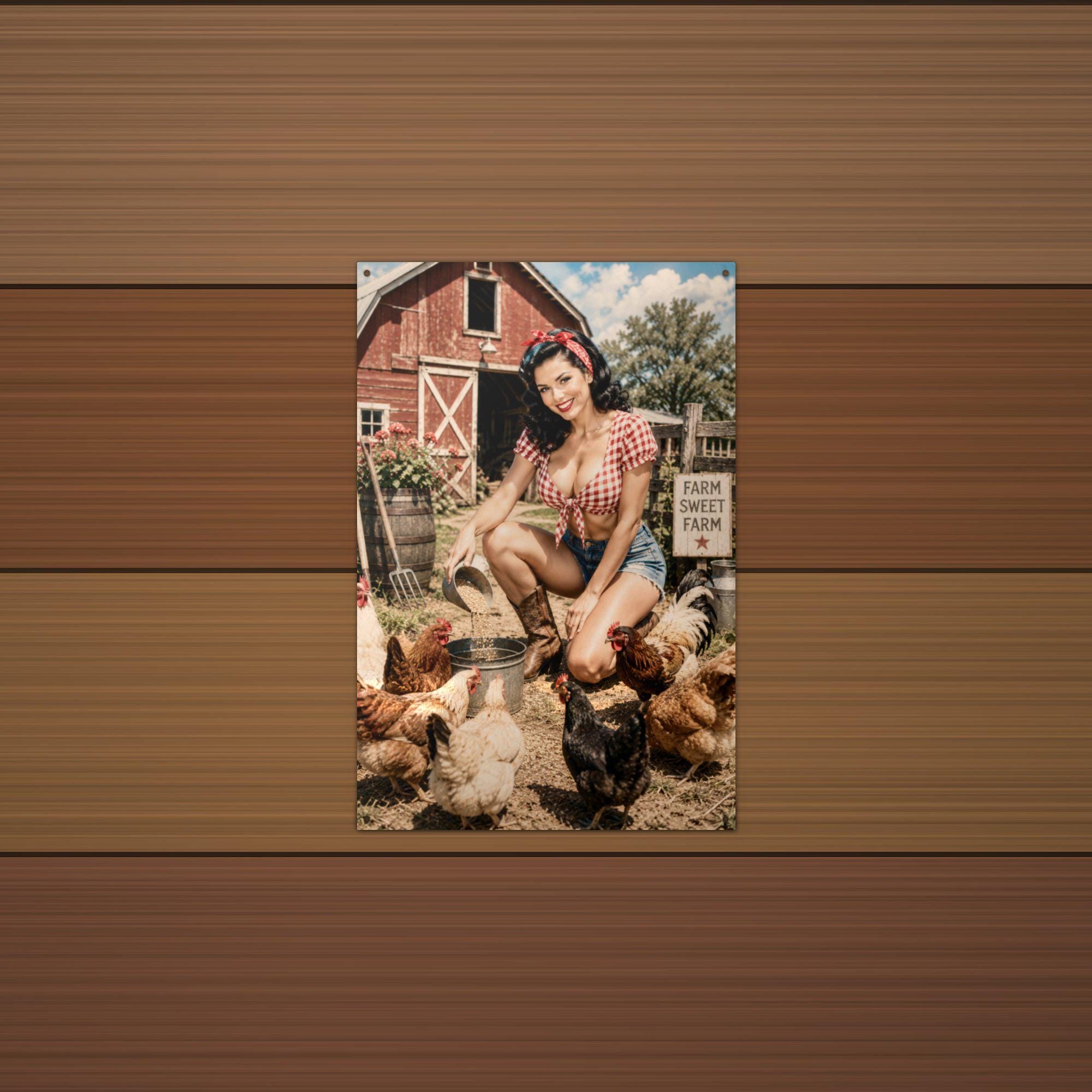 Barnyard Chickens Girl Aluminum Sign — lifestyle setting