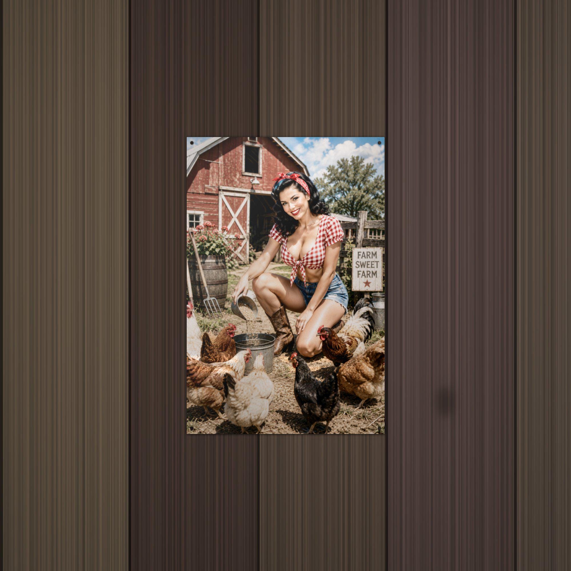 Barnyard Chickens Girl Aluminum Sign — detail view