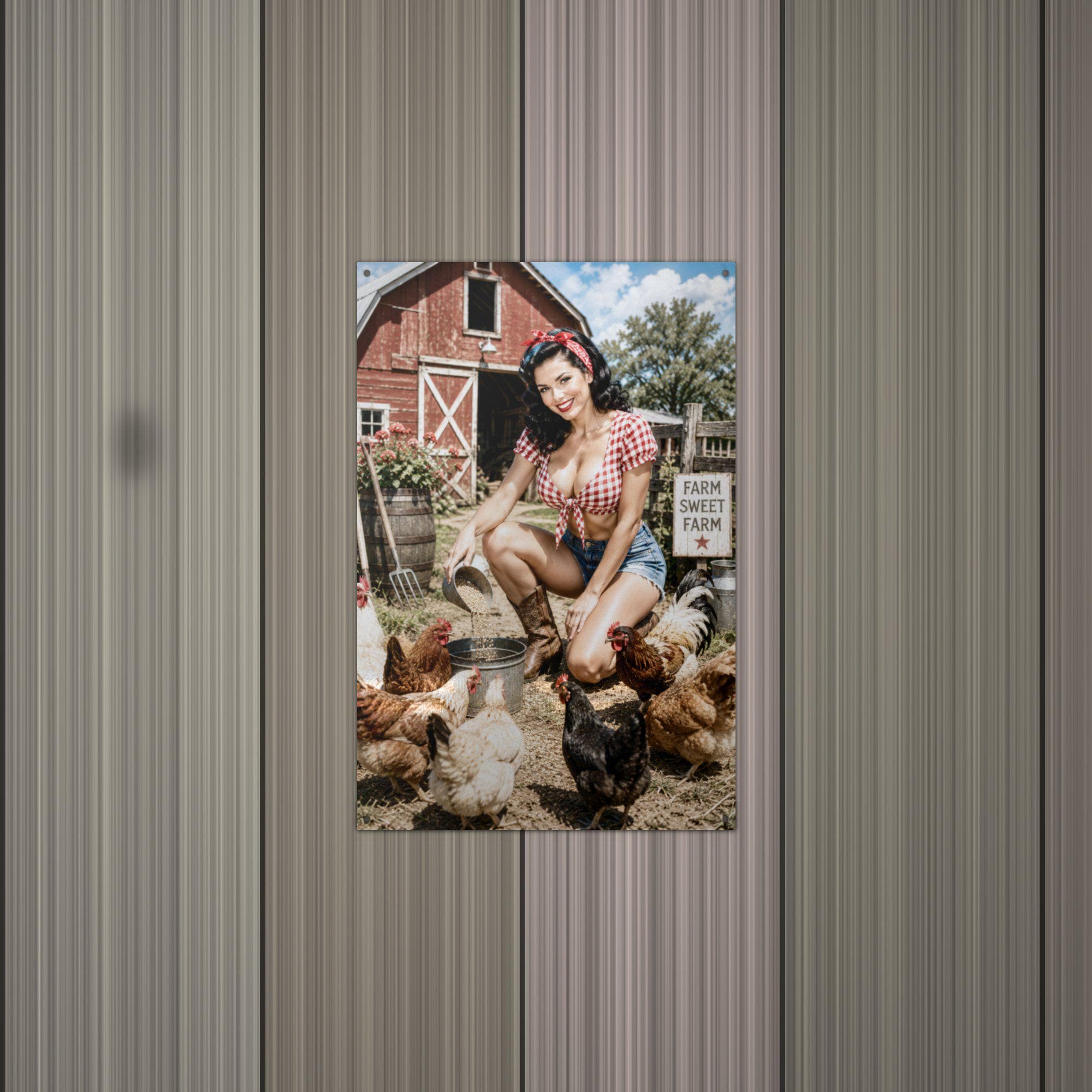 Barnyard Chickens Girl Aluminum Sign — alternate angle