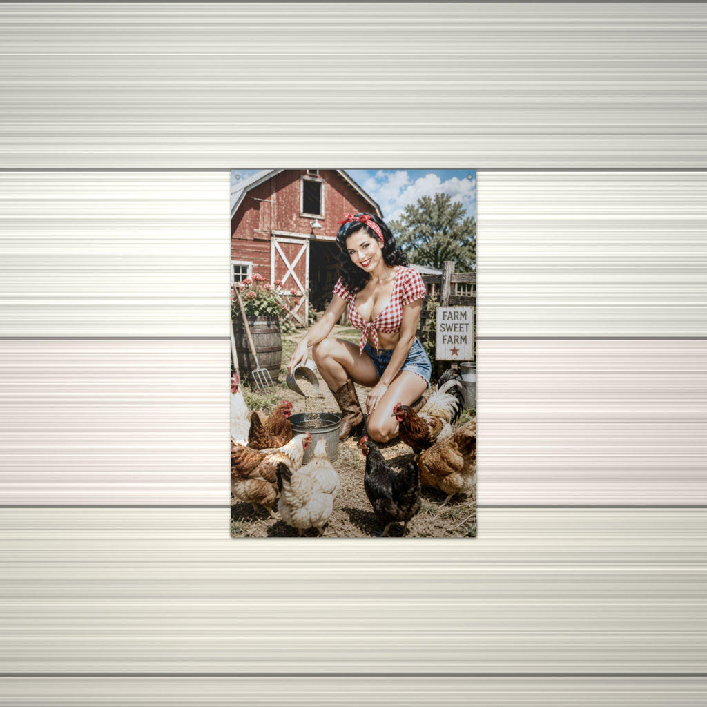 Barnyard Chickens Girl Aluminum Sign — alternate angle