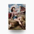 Hay Bale Brunette Pinup Metal Sign Aluminum Sign — front view on white background