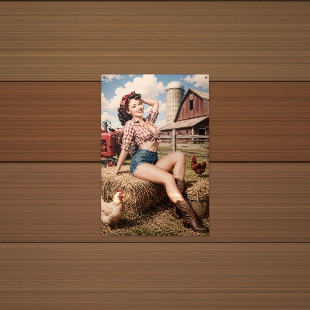 Hay Bale Brunette Pinup Metal Sign Aluminum Sign — lifestyle setting
