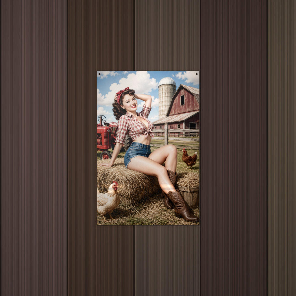 Hay Bale Brunette Pinup Metal Sign Aluminum Sign — detail view