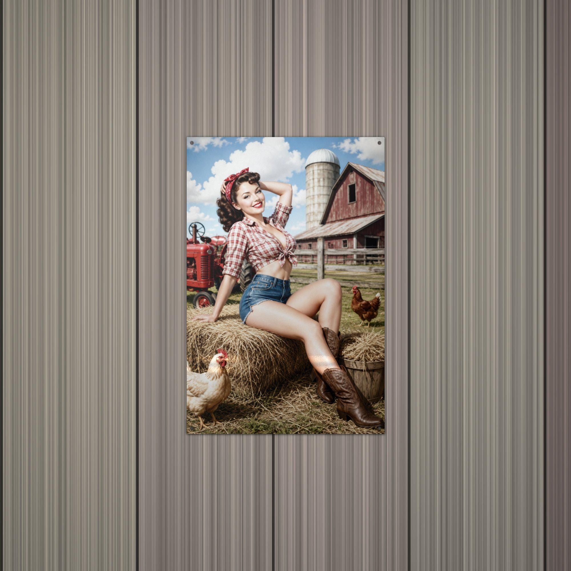 Hay Bale Brunette Pinup Metal Sign Aluminum Sign — alternate angle