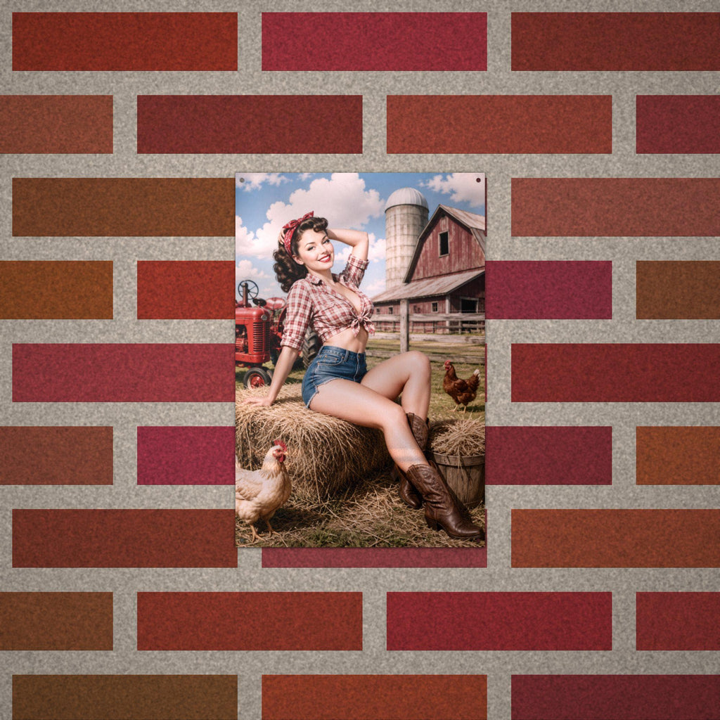 Hay Bale Brunette Pinup Metal Sign Aluminum Sign — alternate angle