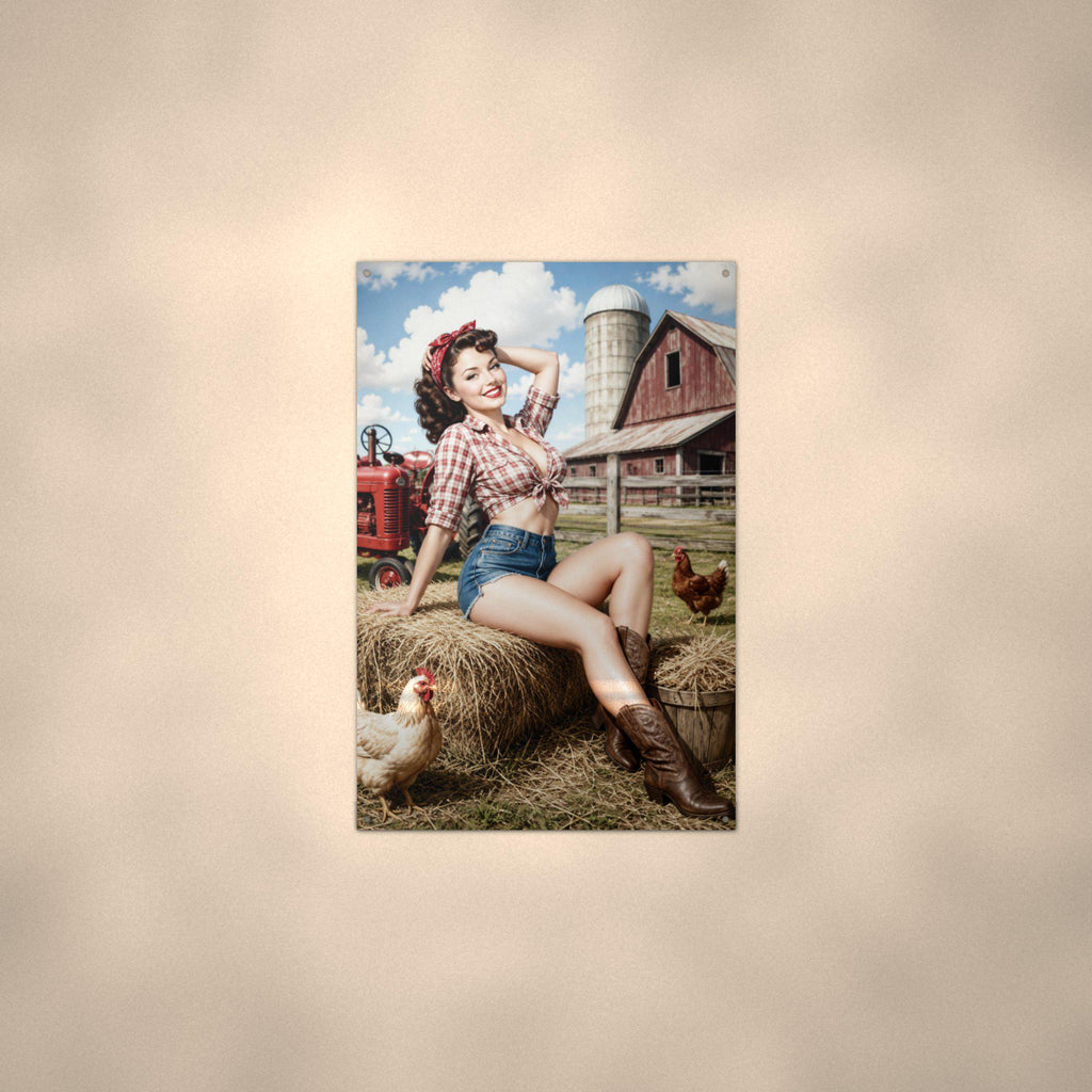 Hay Bale Brunette Pinup Metal Sign Aluminum Sign — alternate angle