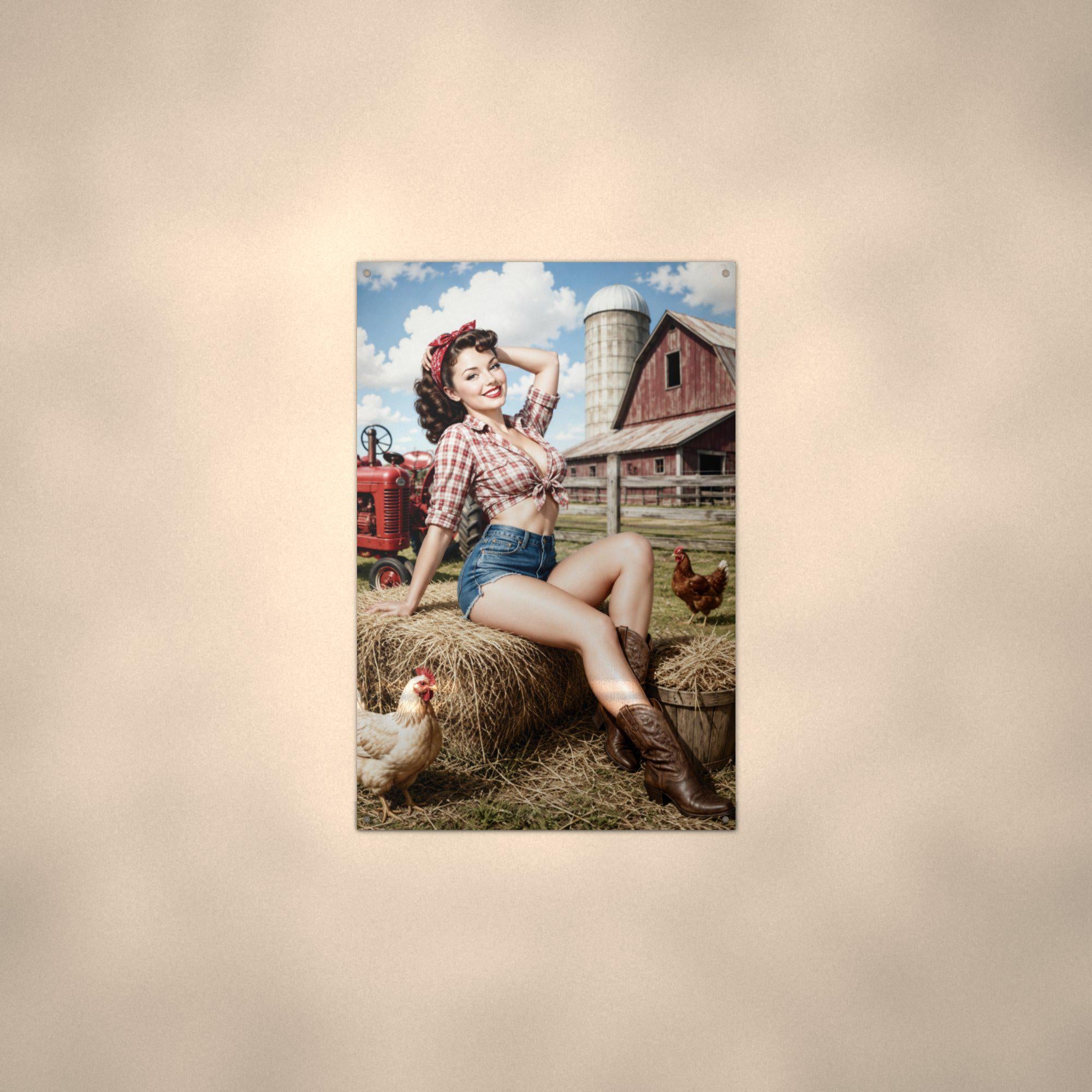 Hay Bale Brunette Pinup Metal Sign Aluminum Sign — alternate angle