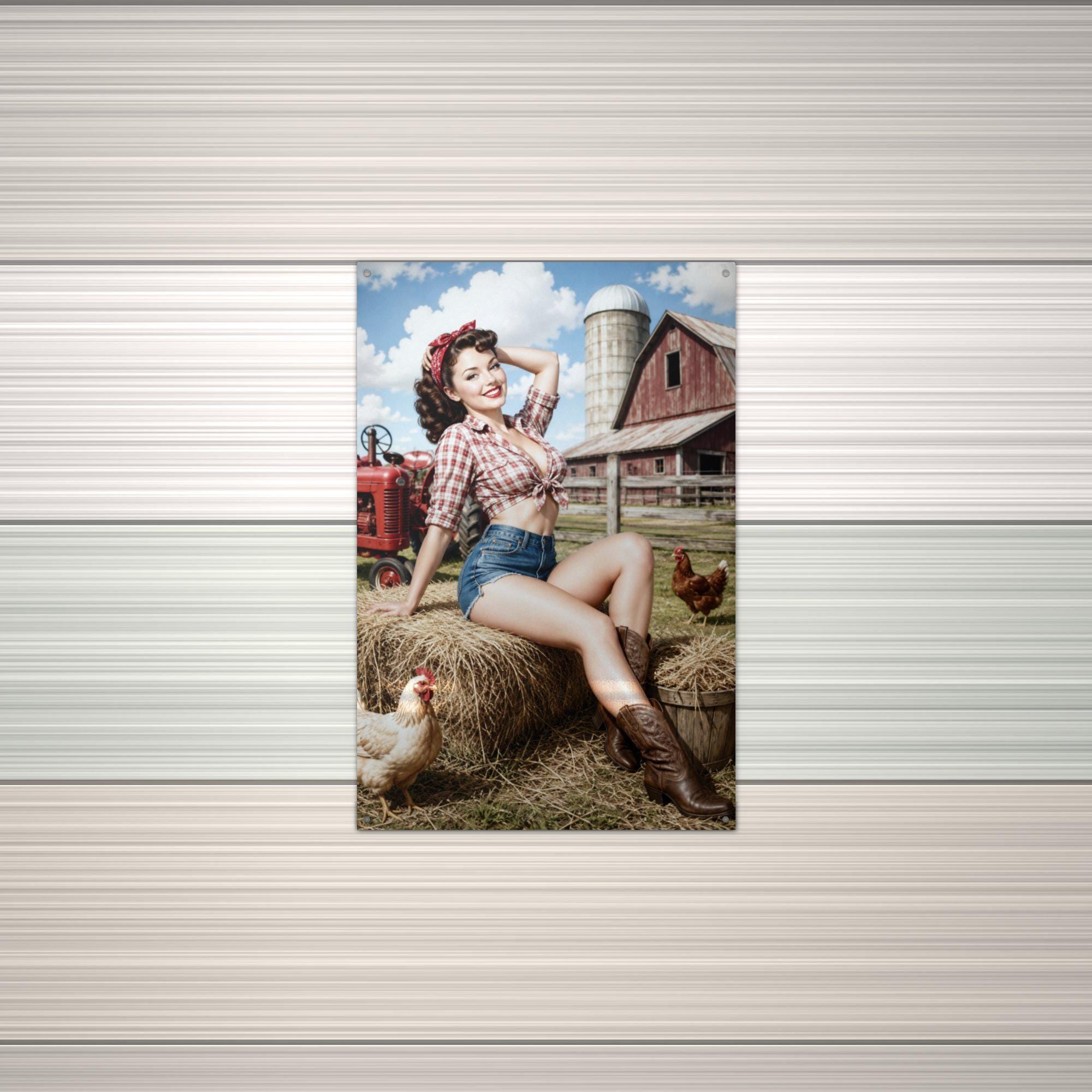 Hay Bale Brunette Pinup Metal Sign Aluminum Sign — alternate angle