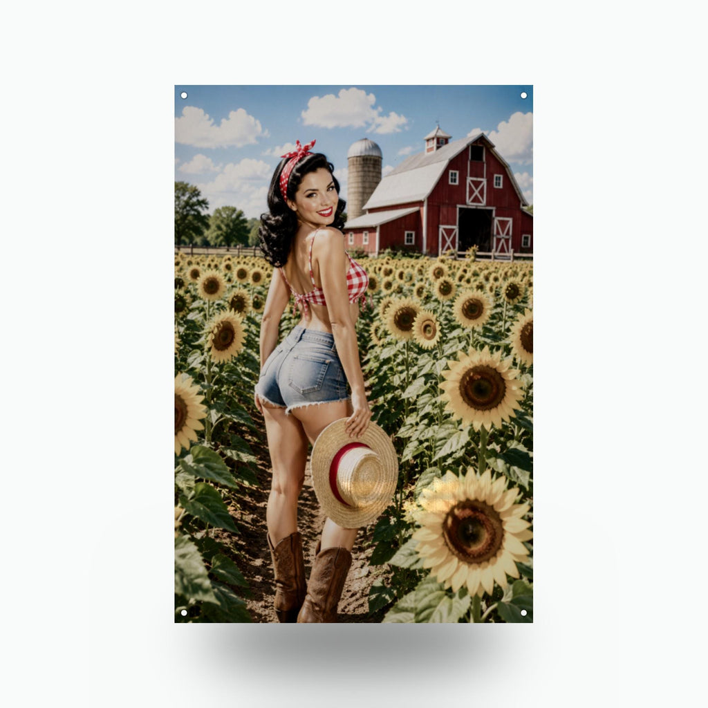 Sunflower Field Pinup Metal Wall Art Aluminum Sign — front view on white background