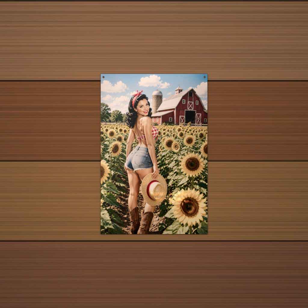 Sunflower Field Pinup Metal Wall Art Aluminum Sign — lifestyle setting