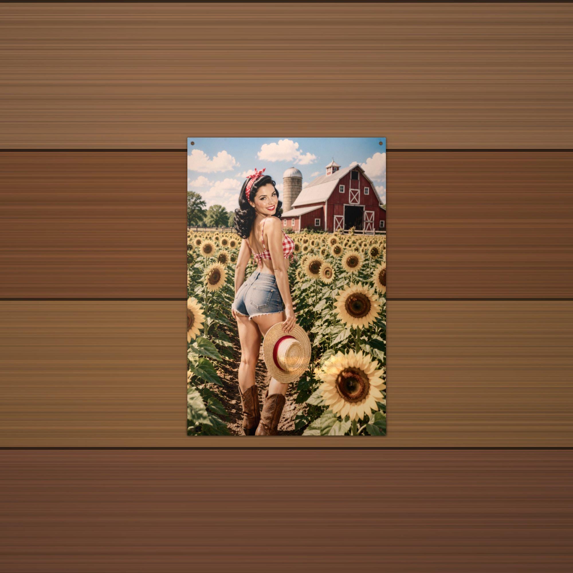 Sunflower Field Pinup Metal Wall Art Aluminum Sign — lifestyle setting