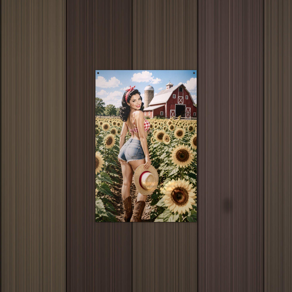 Sunflower Field Pinup Metal Wall Art Aluminum Sign — detail view