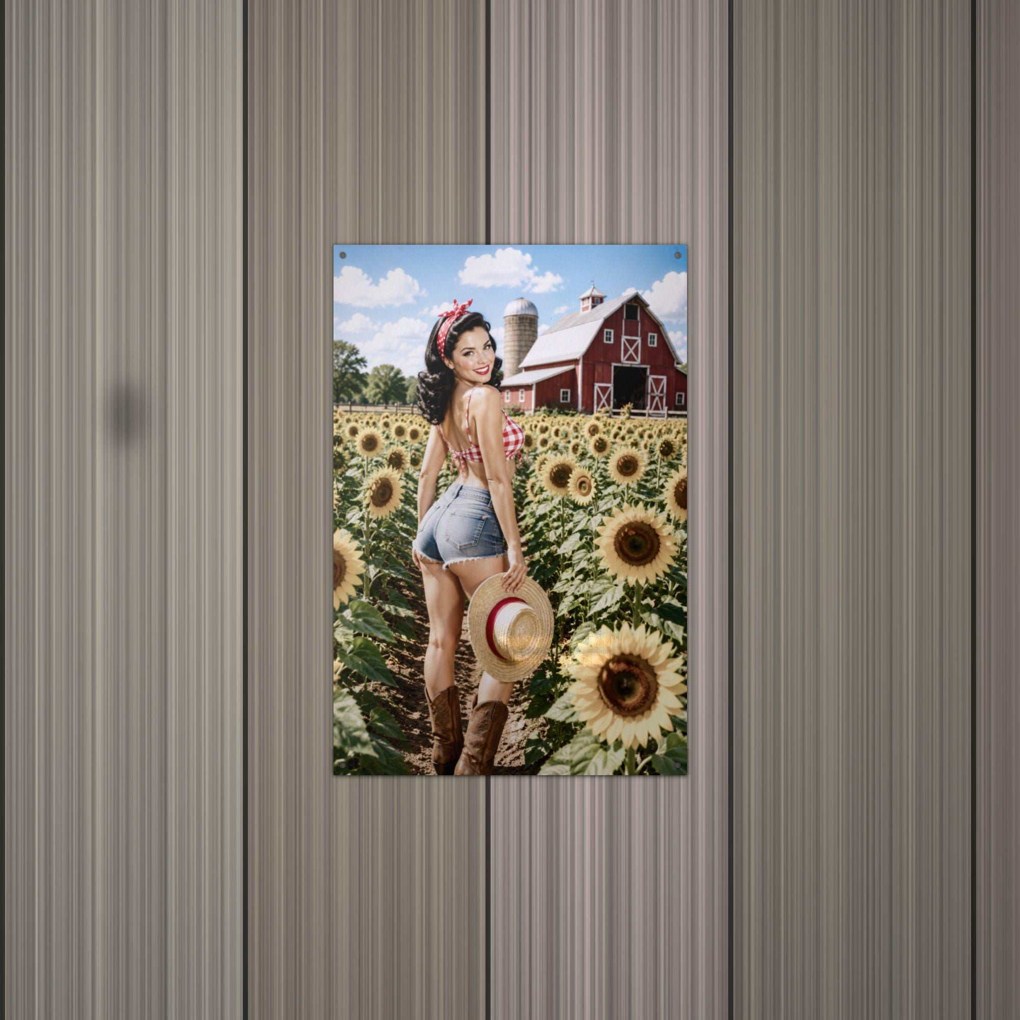 Sunflower Field Pinup Metal Wall Art Aluminum Sign — alternate angle